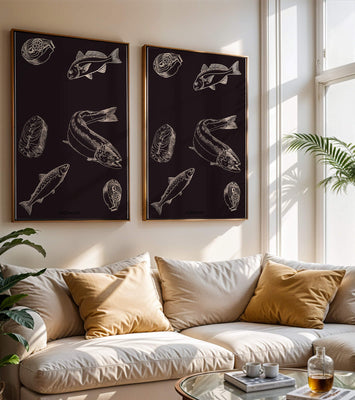 Detailed illustration of fish and seafood elements on dark background