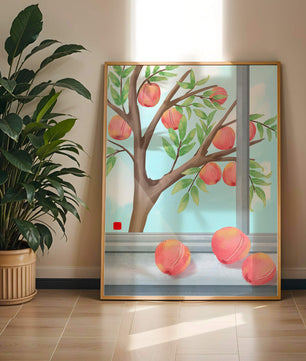 Peach tree outside a window with ripe peaches and sunny sky