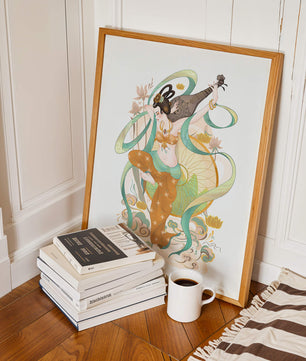 Elegant depiction of an Asian-inspired musician with floral and ribbon motifs