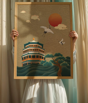 Traditional Asian art with cranes and temple at sunset