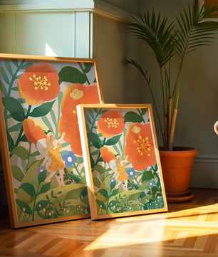 Whimsical illustration of a fairy child in a vibrant floral landscape