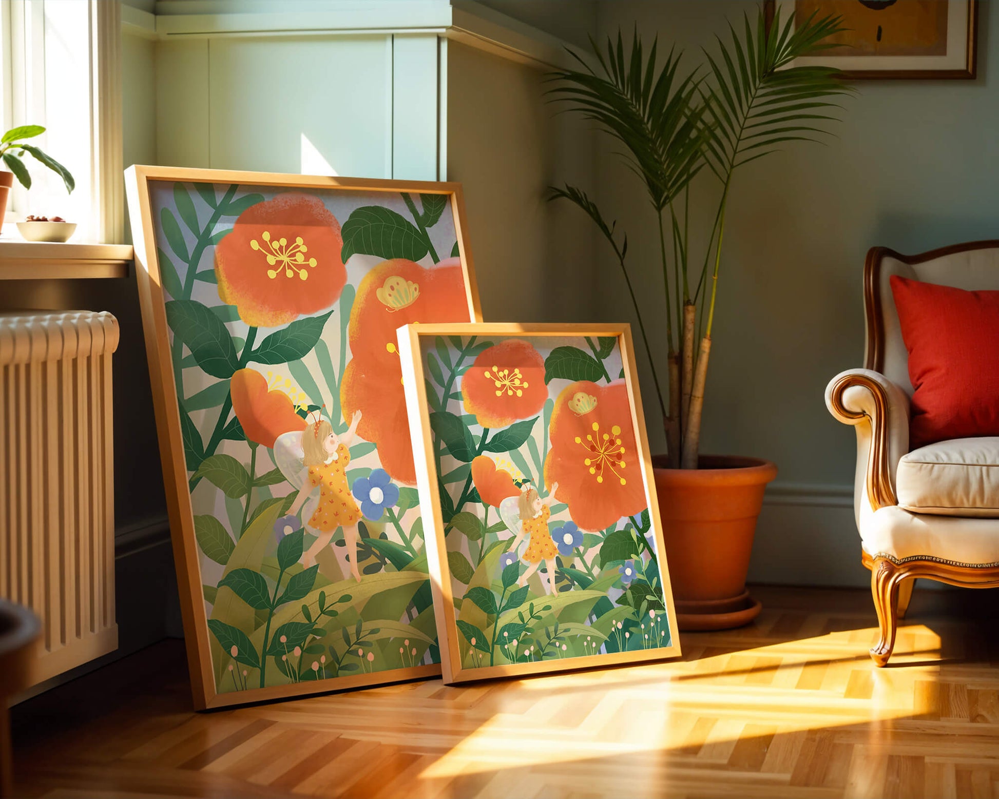 Whimsical illustration of a fairy child in a vibrant floral landscape