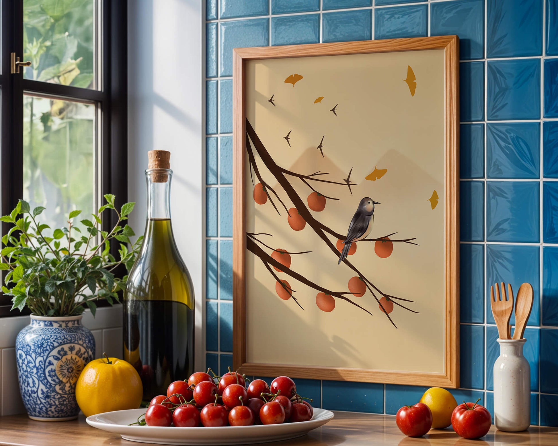 Bird Perched on Branch with Red Fruits and Flying Leaves