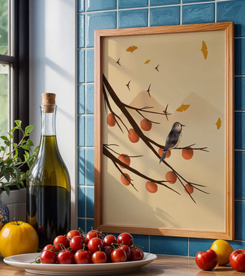 Bird Perched on Branch with Red Fruits and Flying Leaves
