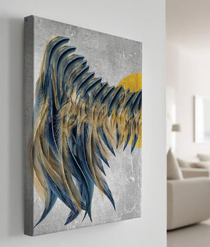 Arte de plumas abstractas con detalles dorados sobre fondo texturizado
