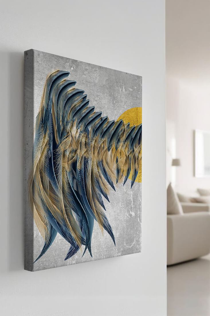 Arte abstracto de plumas con detalles dorados sobre fondo texturizado