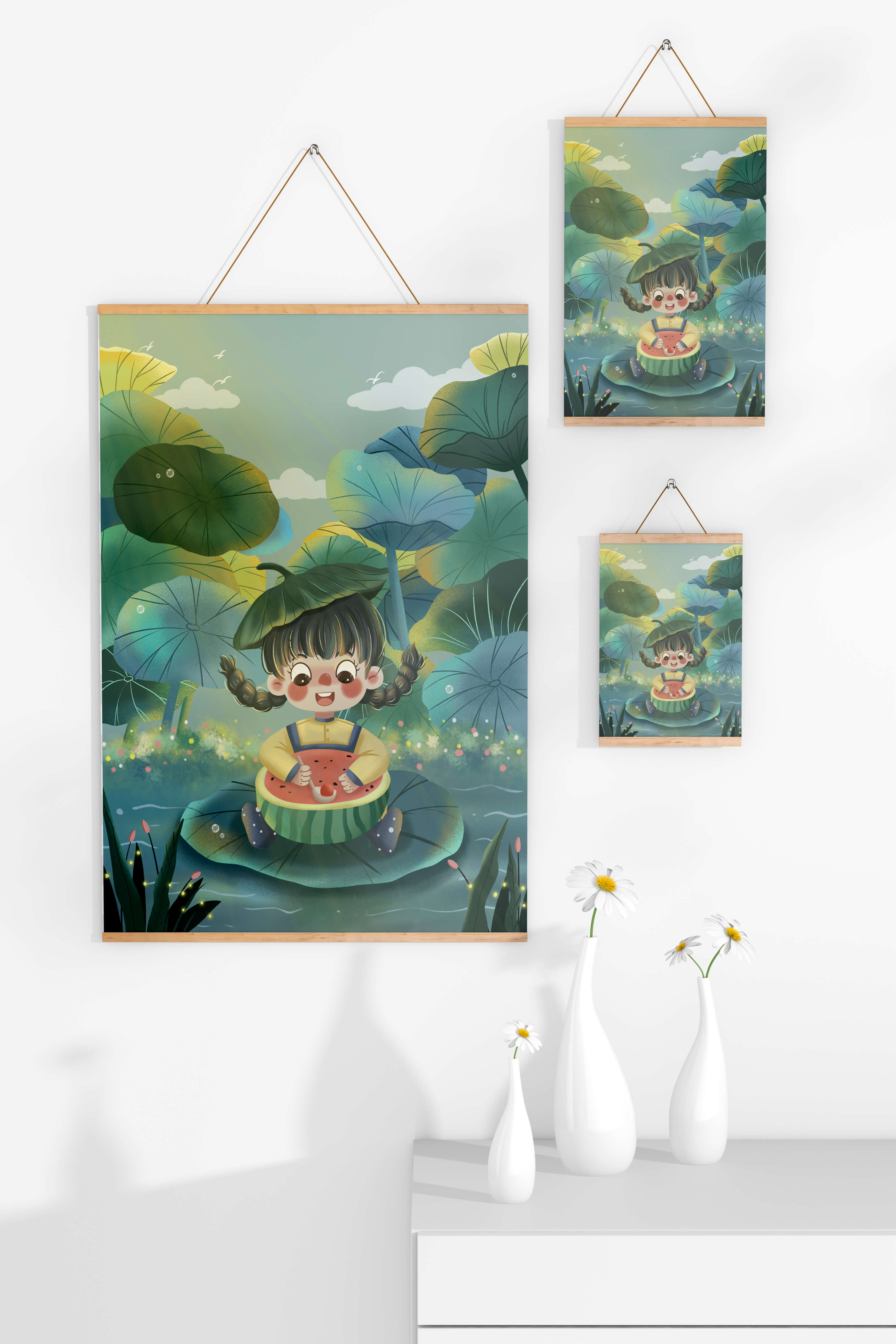 Charming illustration of a child enjoying watermelon amidst whimsical nature