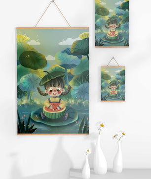 Charming illustration of a child enjoying watermelon amidst whimsical nature