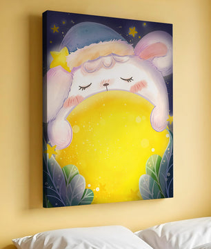 Sleepy rabbit with starry hat holding a glowing ball in a dreamy night scene