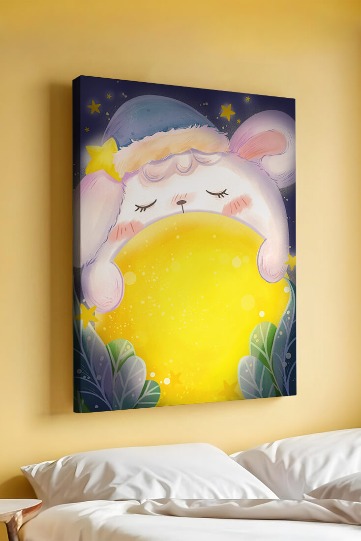 Sleepy rabbit with starry hat holding a glowing ball in a dreamy night scene