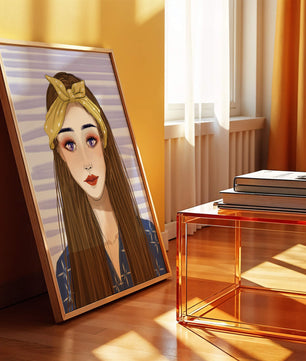 Illustration d'une femme avec un bandeau jaune sur fond rayé
