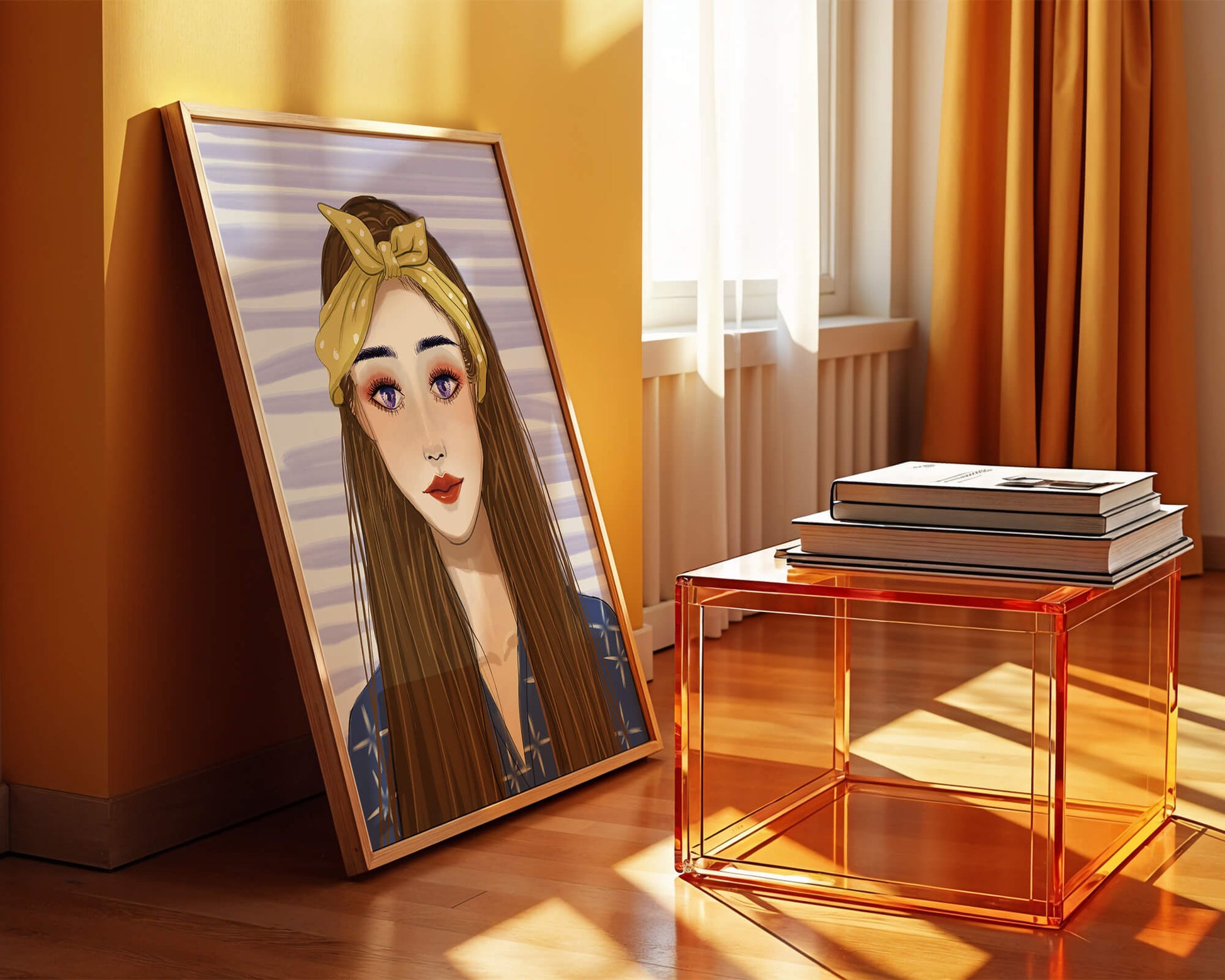 Illustration of a woman with a yellow headband against a striped background
