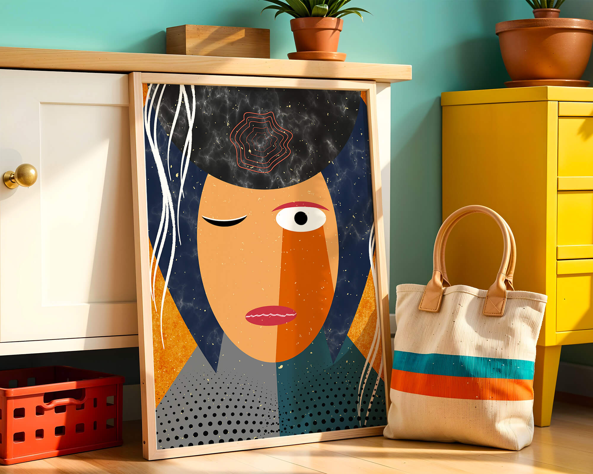 Abstract geometric portrait featuring vibrant colors and textures