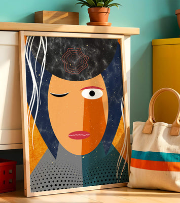 Abstract geometric portrait featuring vibrant colors and textures