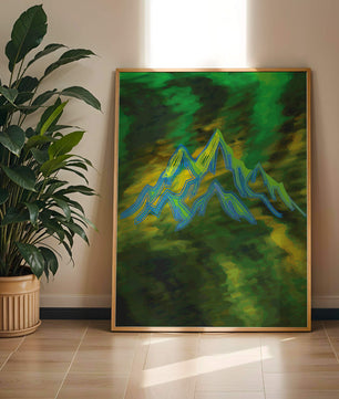 Abstract mountain landscape with vibrant colors and geometric lines
