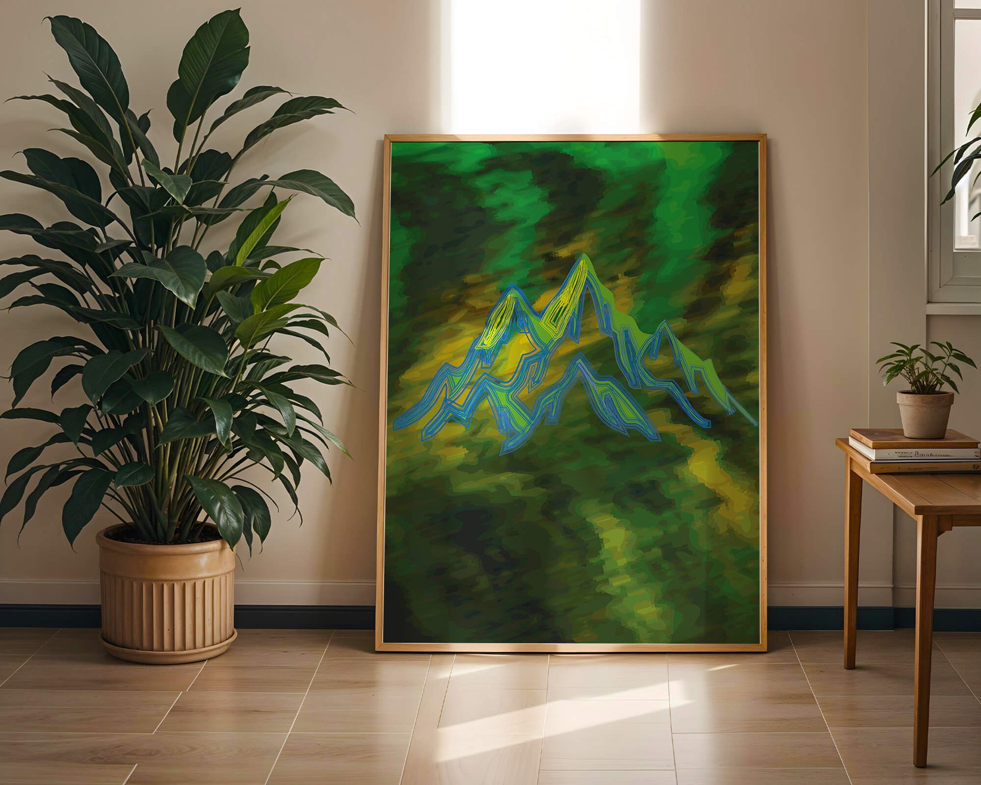 Abstract mountain landscape with vibrant colors and geometric lines
