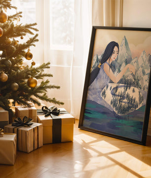 Majestic Woman Overlooking Snowy Mountain Landscape