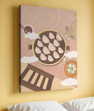 Gato alcanzando dumplings en una mesa con azulejos rosas y naranjas con palillos