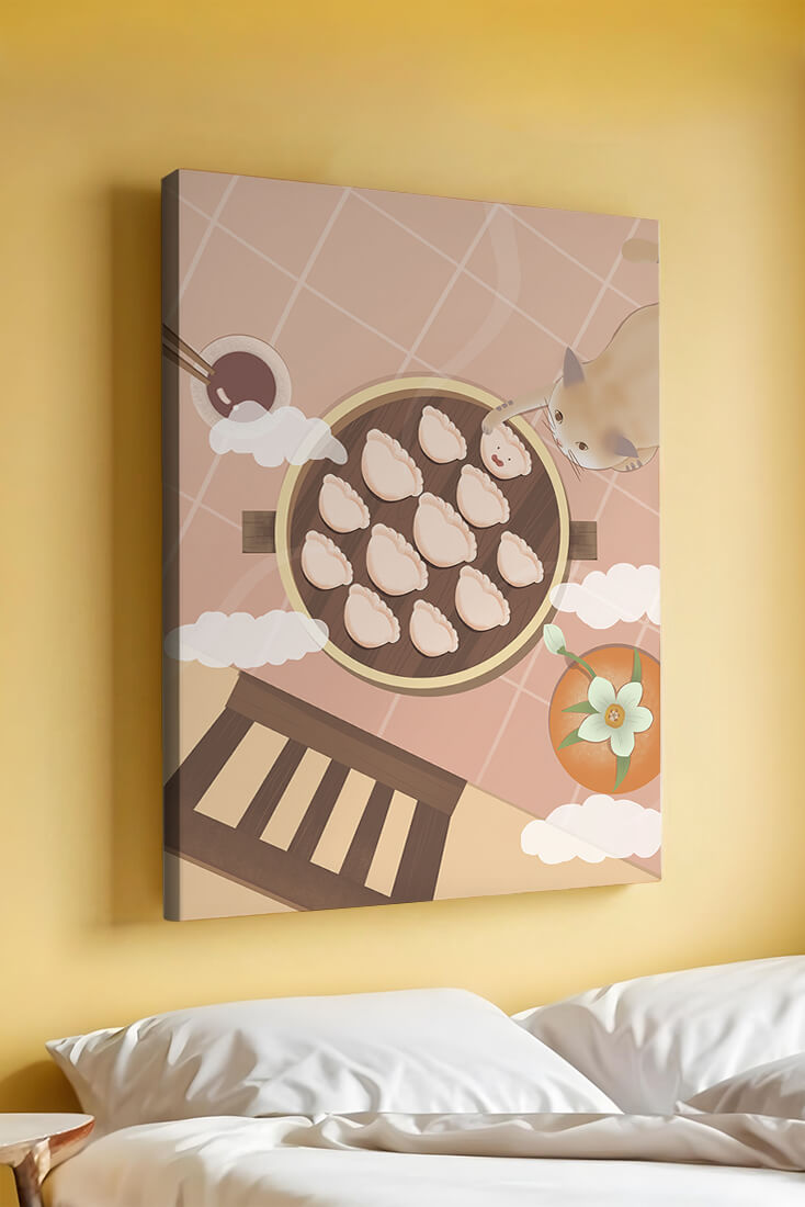 Gato alcanzando dumplings en una mesa con azulejos rosas y naranjas con palillos