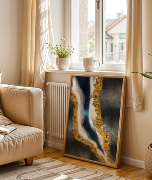Abstract flowing design with gold, blue, and white textures