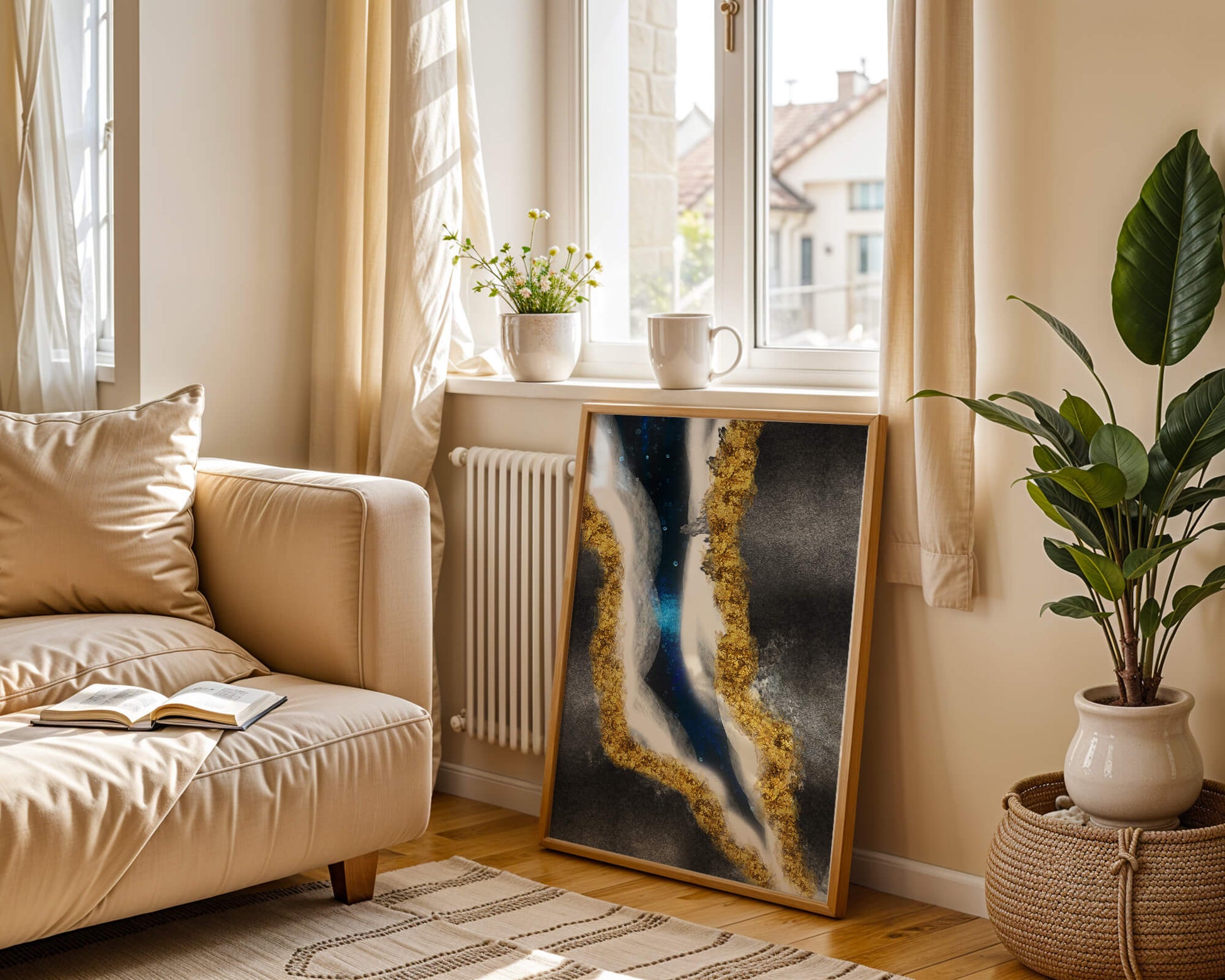 Abstract flowing design with gold, blue, and white textures