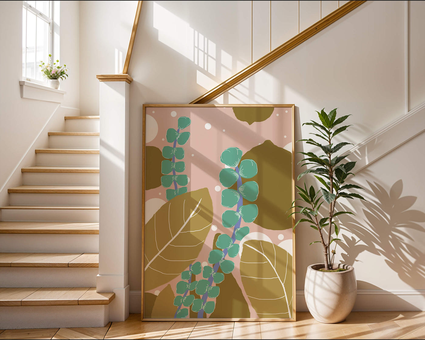 Abstract botanical design with green and golden leaves