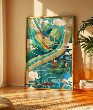 Colorful dragon and child illustration with vibrant waves and clouds
