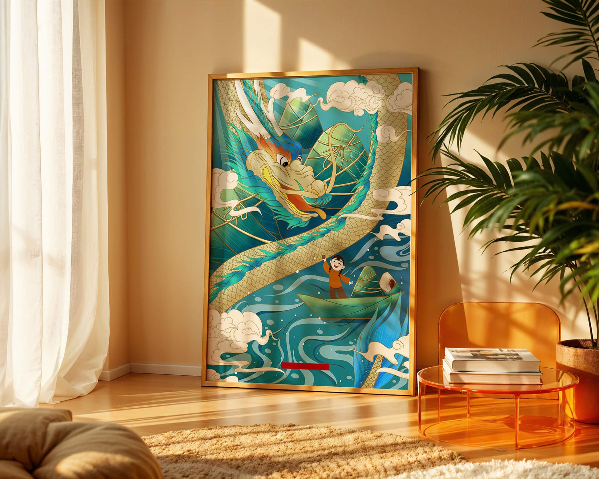 Colorful dragon and child illustration with vibrant waves and clouds