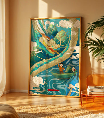 Colorful dragon and child illustration with vibrant waves and clouds