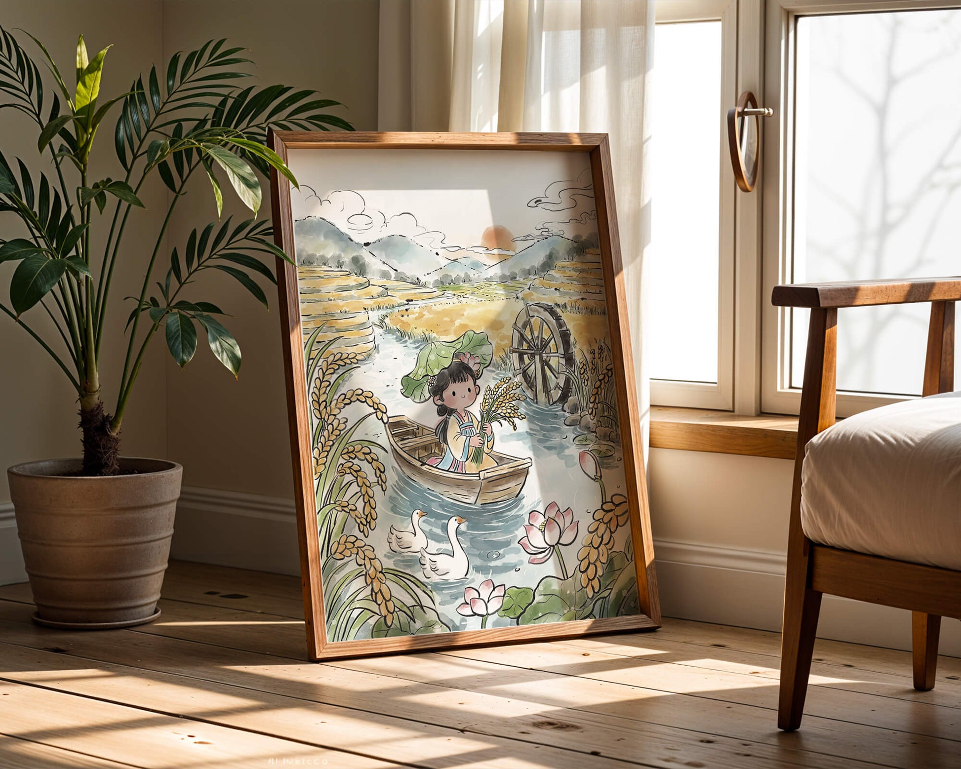 Niña en un bote con campos de arroz y atardecer de fondo