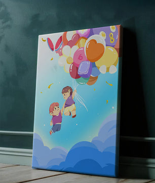 Ilustración caprichosa de niños en el cielo con globos de colores