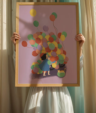 Bunte Luftballons mit einem Kind und einer Katze auf violettem Hintergrund