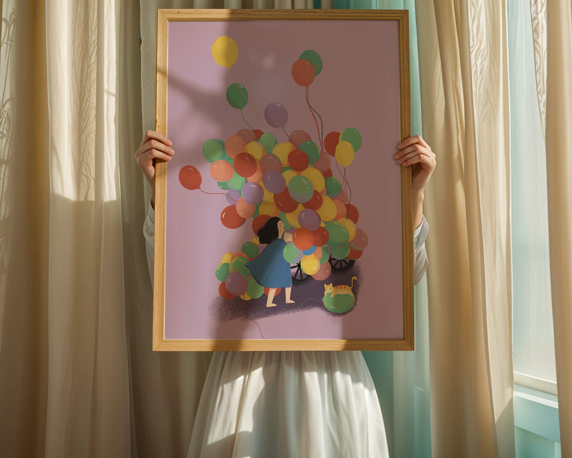Bunte Luftballons mit einem Kind und einer Katze auf violettem Hintergrund