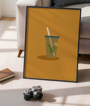 Illustration of a Drink with Botanical Element and Straw on Orange Background - Mi tienda