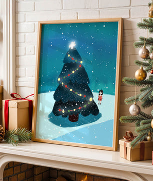 Winter scene with decorated Christmas tree and snowfall