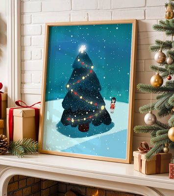 Winter scene with decorated Christmas tree and snowfall