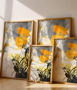 Abstract yellow and black watercolor splash with dynamic brushstrokes