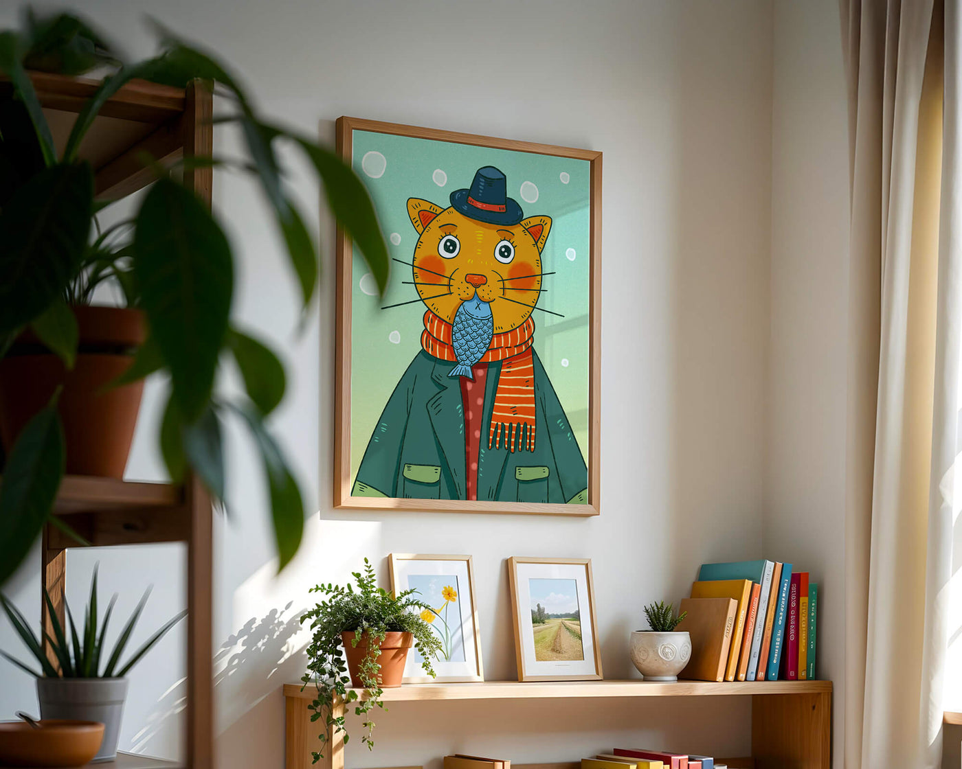 Whimsical cat dressed in colorful winter attire