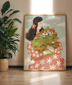 Femme fantaisiste tenant un paysage miniature avec famille et maisons