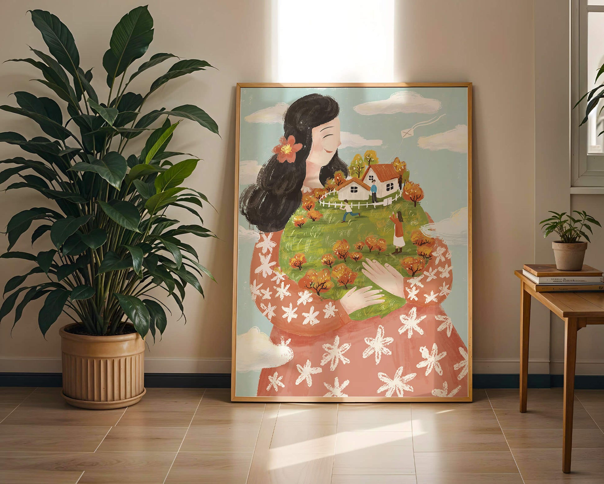 Whimsical Woman Holding Miniature Landscape with Family and Houses