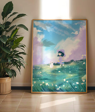 A Little Girl in a Purple Dress and Hat with a White Rabbit in a Flower Field Under a Blue Sky
