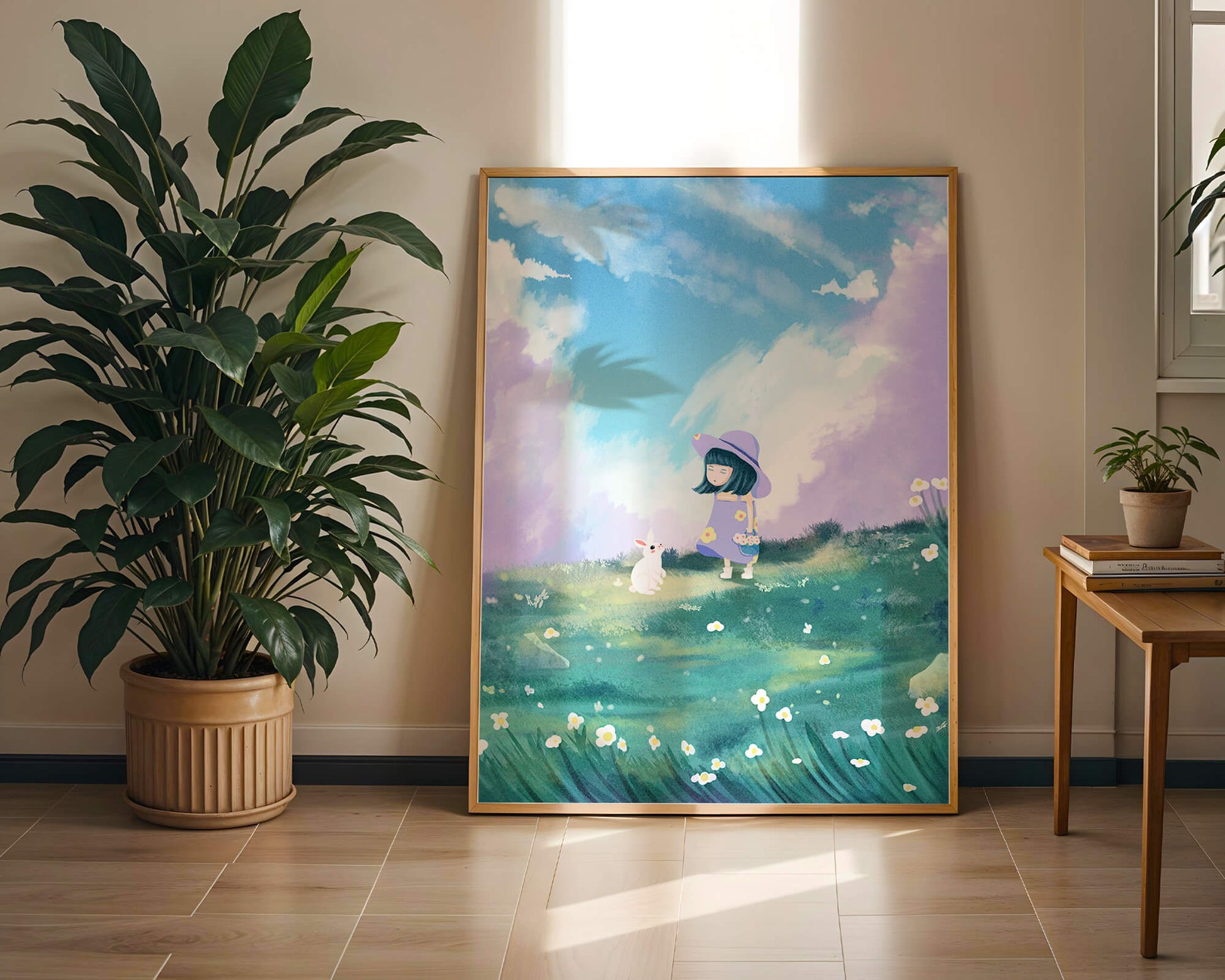 A Little Girl in a Purple Dress and Hat with a White Rabbit in a Flower Field Under a Blue Sky