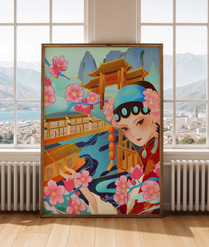 Traditional Asian art with cherry blossoms and architecture