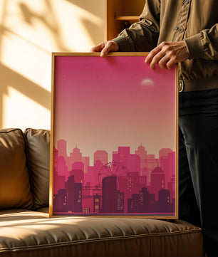 Skyline urbano al anochecer con degradado rosa y noria
