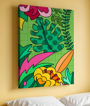 Colorful botanical illustration with vibrant tropical elements