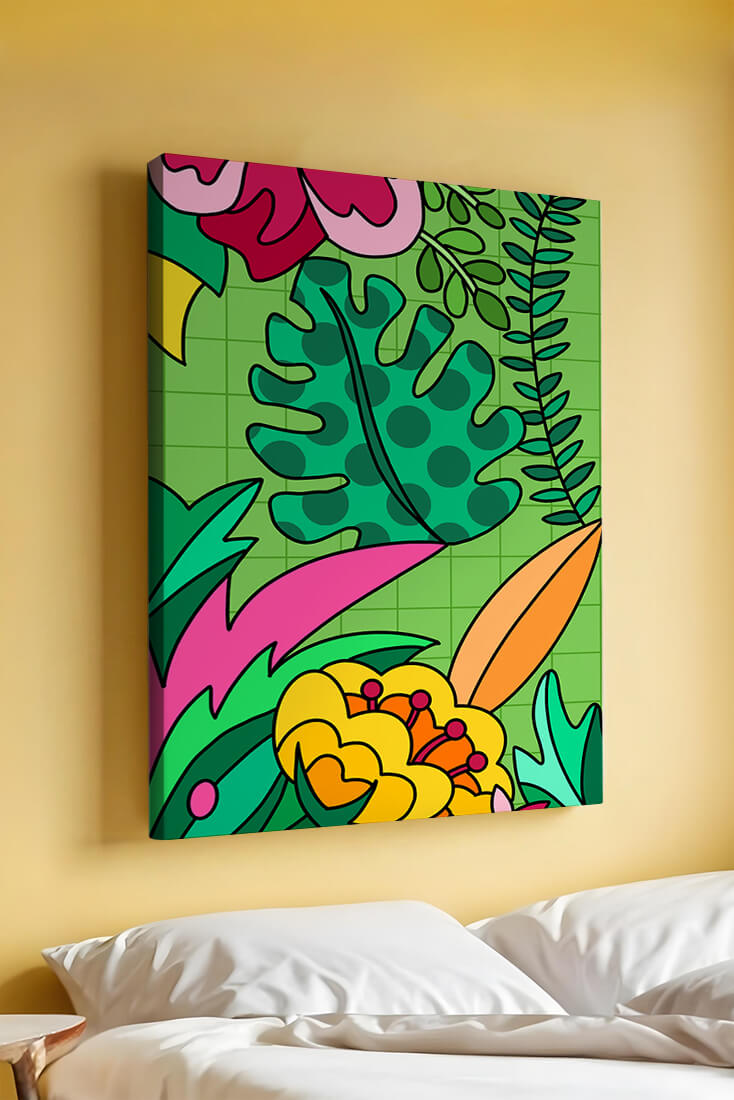 Colorful botanical illustration with vibrant tropical elements