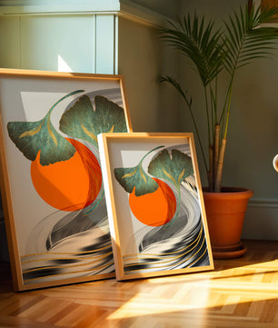 Hojas de Ginkgo abstractas con círculo naranja y ondas plateadas