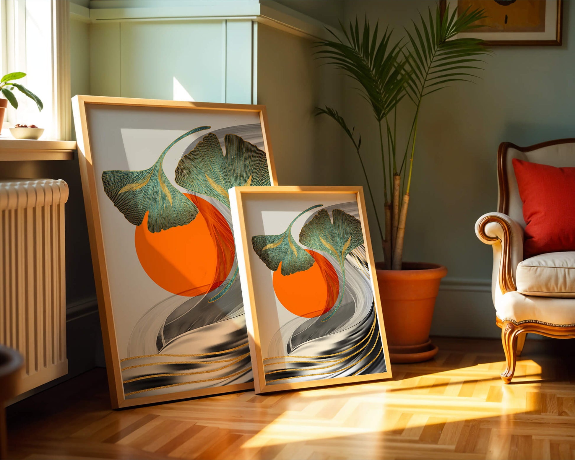 Hojas de Ginkgo abstractas con círculo naranja y ondas plateadas