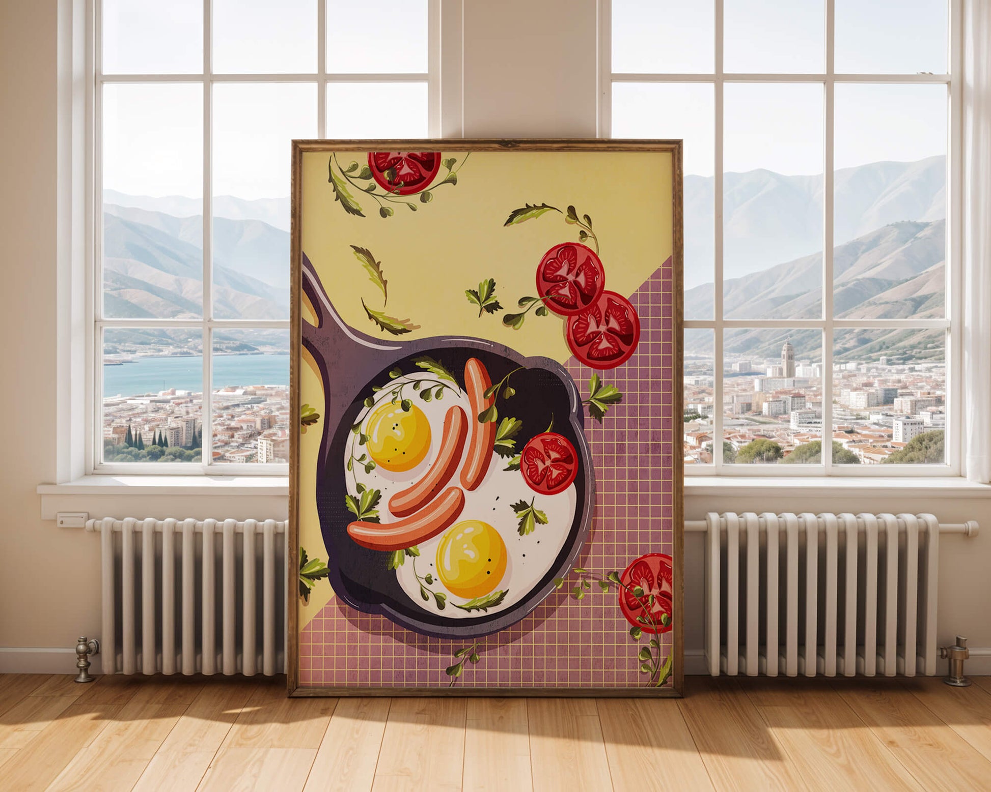 Fried Eggs and Sausages in Pan with Tomatoes and Herbs on Colorful Background