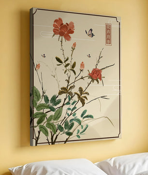 Delicate Floral Art with Red Flowers and Butterflies